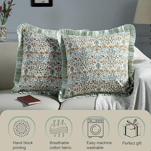 Ridhi Modern Farmhouse Pillow Covers Decorative Cotton Throw Pillow Covers Set of 2 Goldenrod Yellow Cushion Covers with Ruffle for Couch Sofa Bed Living Room Spring Home Decor 18x18 thumbnail 5