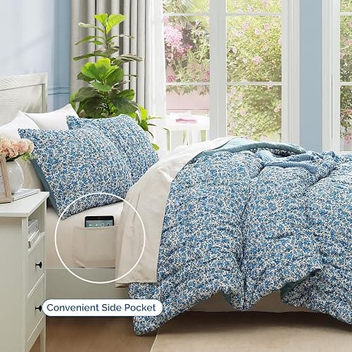 BLOOMHAVEN Queen Comforter Set - 7 Pieces Blue Classic Puff Floral Bedding Sets for All Seasons, Shabby Chic Farmhouse Bed in a Bag Queen with Wildflowers Fluffy Comforter, Sheets, Pillowcases & Shams thumbnail 3