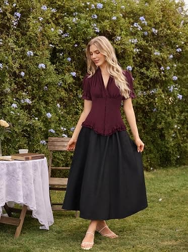 Scarlet Darkness Womens Work Tops Elegant Short Sleeve Victorian Blouse | Ideal for Ren Faire, Pirate Festival, Office, Business, Daily. V Neck, Button Down, Lace Up Back, Lace Patchwork thumbnail 6