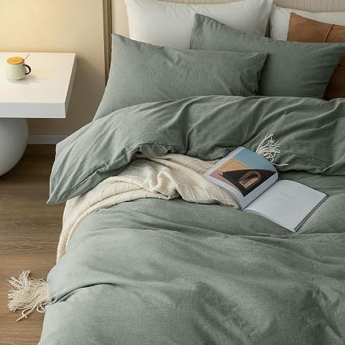 JIYUAN Queen Size Duvet Cover Set, 3-Piece - 100% Washed Cotton, Linen-Like Soft & Breathable with Zipper Closure, Includes 90x90 Inch Cover & 2 Pillowcases, Heathered Green thumbnail 2