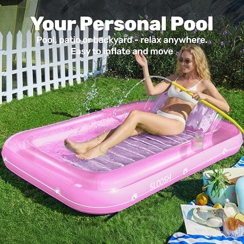 SLOOSH Inflatable Tanning Pool Lounger Float, 70" x 46" Pool Floats Adult with Pillow, 4 in 1 Suntan Tub Raft Floatie,Sunbathing Bed Lounge for Water Blow Up Kids Ball Pit Party Gifts, L-Pink White thumbnail 3