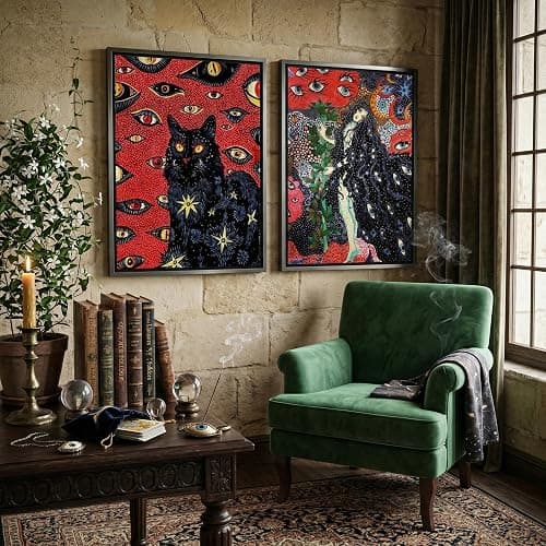 2Pcs Black Cat Cohen Hippie Psychedelic Wall Art Retro Fun Cool Girl Mystical Animal Eyes Stars Canvas Posters Prints Cat Lovers Wall Decor Pictures Bedroom Living Room Dorm Decoration Unframed thumbnail 5