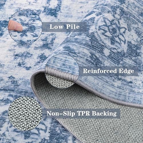 Area Rug 8x10, Washable Rug for Living Room, Large Area Rugs for Bedroom, Vintage Rug 8x10 for Dining Room, Non Slip Soft Low Pile Indoor Carpet for Kitchen, Nursery, Office, Farmhouse, Blue thumbnail 7