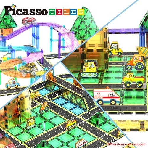 PicassoTiles Magnet Tile Car Track Adventure Theme Printed Street Road Runway Speedway Highway Magnetic Building Tiles Block Construction Pretend Play Playset STEM Education Learning Kit Kids 3+ PTE16 thumbnail 7