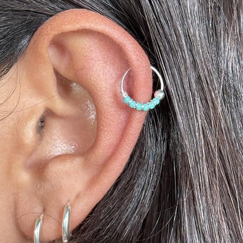 Handmade Silver Pair Small 10MM Cartilgae Helix Piercing Beaded Hoop Earrings, 925 Sterling Silver, Thin 22Gauge Turquoise Color Beads Hoops for women, By Miya Jewelry Creations thumbnail 3