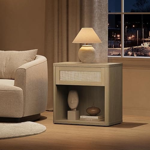 SICOTAS Night Stand Set of 2 26" Wide Large Nightstands with Drawer & Shelf Storage Rattan Bedside Table Boho End Table Tall Bed Side Tables Night Stands for Bedroom Living Room Sofa Office, Sand Oak thumbnail 8