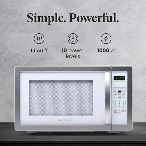 Farberware 1.1 Cu. Ft. Countertop Microwave Oven – 1000 Watts Power, Auto Cook Settings, Defrost, Easy Clean and Child Safety Lock - White Platinum thumbnail 4