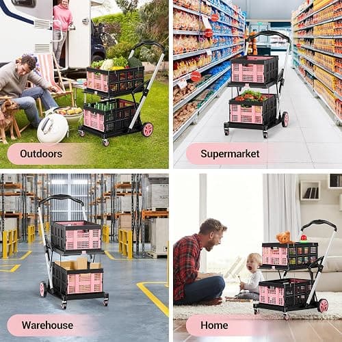 DKENICOR 8-in-1 200LBS Collapsible Shopping Cart, Multi Functional Utility Cart with 2 Storage Crate,Adjustable Handle Grocery Cart on Wheels for Shopping, Warehouse, Office, Supermarket, Pink thumbnail 6