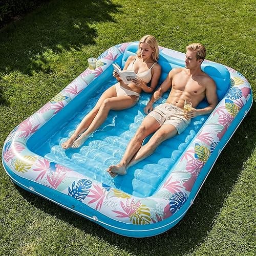 Tanning Pool Lounger Float, OKSUWATER 87" x 63" Pool Floats Adult with Headrest & Drink Holder, Blow-Up Bed Sun Tan Tub for Sunbathing, Beach, Backyard, Outdoor, Summer Water Party (Blue-XL) - Image 1