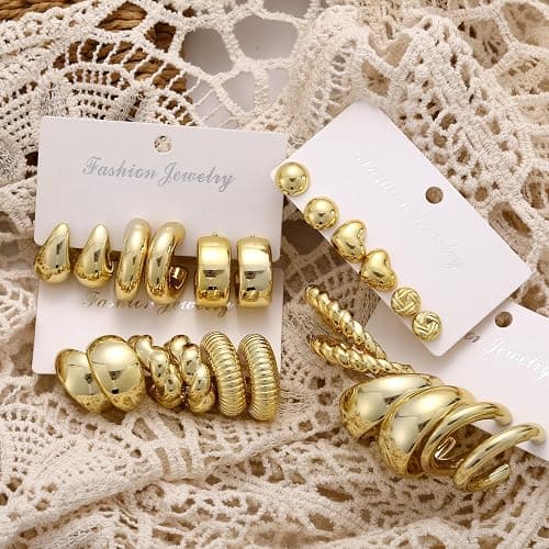 12 Pairs Chunky Gold Hoop Earrings for Women Trendy, Gold Plated Lightweight Hypoallergenic Stack, Thick Open Twisted Huggie Hoops Earring Set thumbnail 5