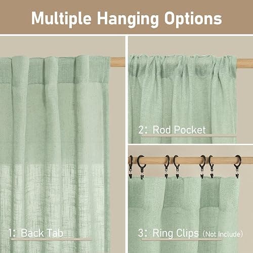 LAMIT 95 Inches Long Fresh Green Linen Curtains for Living Room, Back Tab and Rod Pocket Semi Sheer Curtains Light Filtering Farmhouse Drapes for Bedroom/Dining Room, Set of 2, 52 x 95 Inch thumbnail 3