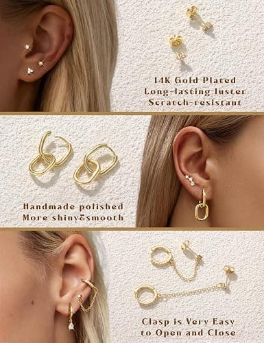 LOLIAS Hypoallergenic 14K Gold Plated Hoop Stud Earring Stacks for Women Trendy - Chain Cartilage Earrings Cute Silver Huggie Earrings Sets for Multiple Piercing Jewelry Lightweight 8Pairs thumbnail 2