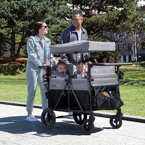 Jeep Wrangler Deluxe 4 Seater Stroller Wagon by Delta Children - Premium Quad Stroller Wagon for 4 Kids with Convertible Seats, Adjustable Push/Pull Handles, Removable Canopy & Flat Fold, Grey thumbnail 2