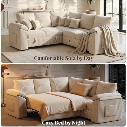 85 Inch Modular Sectional Sofa with Pull Out Couch Bed, L Shaped 5 Seat Sectional Couch with Storage, Corduroy Sectional Couches for Living Room, Cloud Modular Couch, Removable Sofa Cover, Beige thumbnail 7