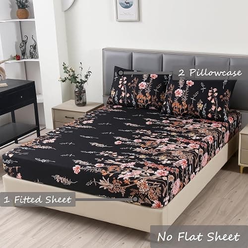 MAG 3pcs Black Floral Queen Bed Sheet,Microfiber Flower Bedding Sheet Set,Boho Bedding Sheet Set with 1 Fitted Sheet and 2 Pillowcases,14 Inches Deep (Black, Queen) thumbnail 2