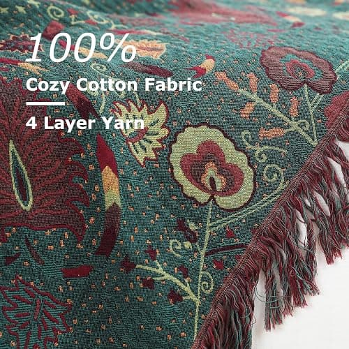Boho Throw Blanket for Bed 100% Cotton Ultra Soft Rustic Quilt Farmhouse Decor Bed Fall Blanket,All Season Rustic Throw for Sofa Couch Chair (Flower-Dark Green, 60"×80") thumbnail 7