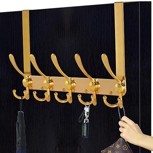 Dseap Over The Door Hook Hanger - Fits 1 3/8" to 1 3/4" Standard Doors | 5 Tri Hooks Heavy Duty Towel/Coat Rack | Door Organizer for Clothes, Jackets, Hats, Towels, Gold thumbnail 4