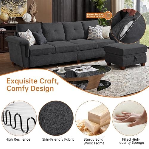 Pingliang Home 4-Seat Sectional Couches for Living Room, Bedroom, Office, L Shape Convertible Sectional Sofa Couch with Ottoman and Cup Holders, Dark Grey thumbnail 4
