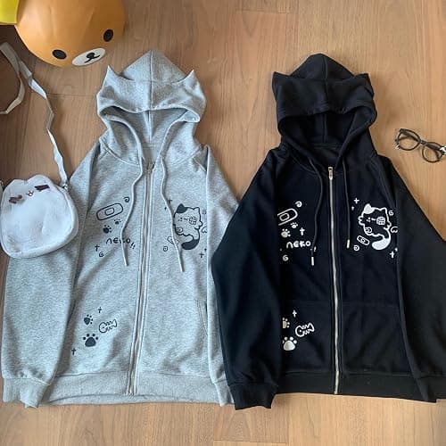 Dynict Womens Y2K Zip Up Cute Graphic Hoodies Cat Ears Casual Cartoon Harajuku Kawaii Clothes Oversize Streetwear Jacket thumbnail 6