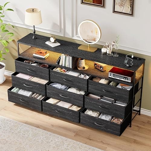 55” W Black Dresser for Bedroom with Charging Station & LED Light, 65/55/50 Inch TV Stand with 9 Fabric Drawers, Sturdy Chest of Drawers with 2 Wooden Open Shelves for Bedroom, Dorm, Living Room thumbnail 8