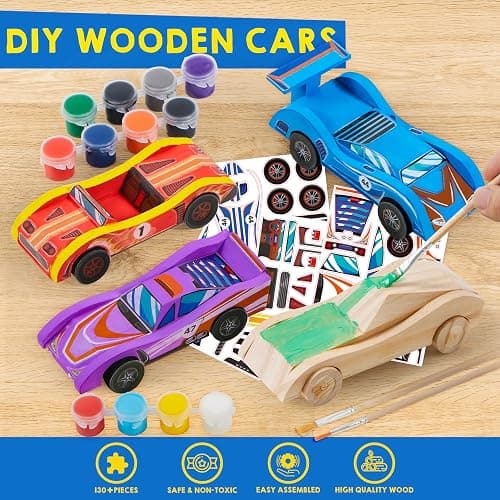 Klever Kits 4 DIY Wooden Race Cars-Build & Paint Your Own Wood Craft Kit, 4 Race Cars Toy, Easy to Assemble Arts Crafts Kit, Birthday Party Presents for Kids Boys and Girls thumbnail 6