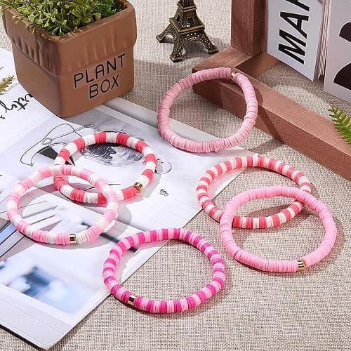 Ornaland 6 PCS Heishi Surfer Bracelets Set 6mm Polymer Clay Vinyl Disc Beads Stretch Bracelets Bohemia Summer Beach Jewelry for Women (Pink) thumbnail 3
