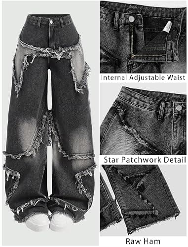 Peakpride Y2K Baggy Jeans for Women Girls Star Patchwork Wide Leg Raw Hem Denim Pants Hip Hop Streetwear Preppy Clothes thumbnail 5