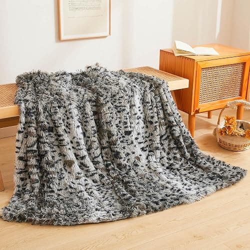 XeGe Luxury Faux Fur Cheetah Print Throw, Soft Leopard Print Fluffy Blanket, Shaggy Plush Decorative Couch Throw, Cute Animal Print Furry Fuzzy Single Blanket for Sofa Bed Chair Office, Grey - Image 1