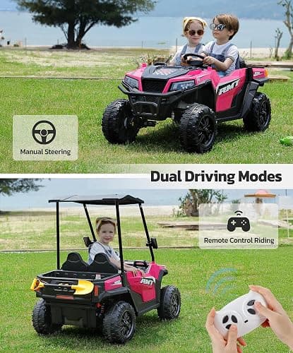ELEMARA 24V Ride on Toy for Big Kid,Ride on Car 2 Seater w/Sun Shade,Dump Bed & Shovel,4.5MPH,4WD Electric Car for Kids,Battery Car w/Remote,Kids Ride on Truck,3 Speeds,LED Lights,Bluetooth, Hot Pink thumbnail 8