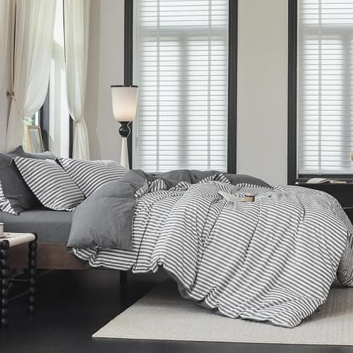 Warm Moment 3Pcs Reversible Grey White Medium Striped King Duvet Cover Set | Solid Grey Reverse,Linen Feel,Washed Cotton,1 Duvet Cover & 2 Pillow Shams,Hidden Zipper,Soft Breathable8 Corner Ties - Image 1