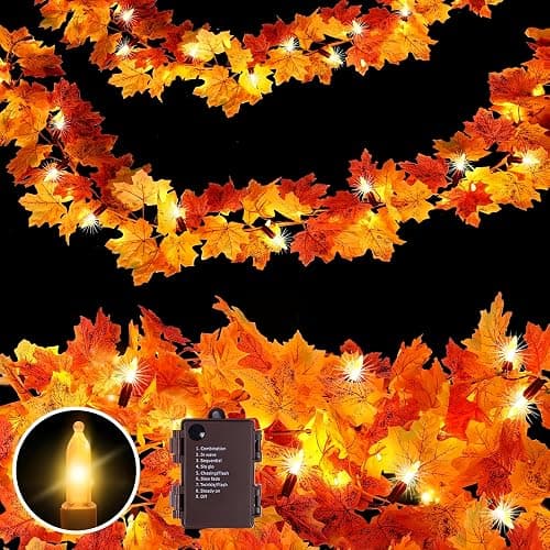 Fall Garland with Lights Battery Operated with Timer,9.8FT 50 Orange Bulbs Lighted Fall Leaves Garland,Fall Decorations for Home Thanksgiving,Halloween,Fireplace,Porch,Table Decor Indoor Outdoor - Image 1