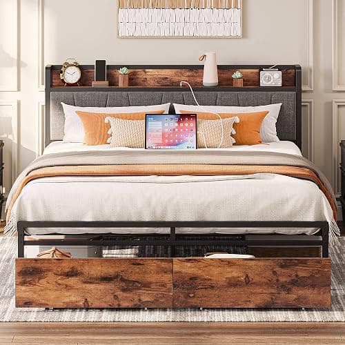 LIKIMIO Queen Bed Frame, Storage Headboard with Charging Station, Platform Bed with Drawers, No Box Spring Needed, Easy Assembly, Vintage Brown and Gray - Image 1