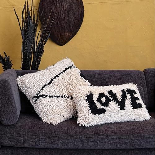 Creative Co-Op Woven Wool Shag Lumbar Pillow with Love Design, Black and Cream thumbnail 10