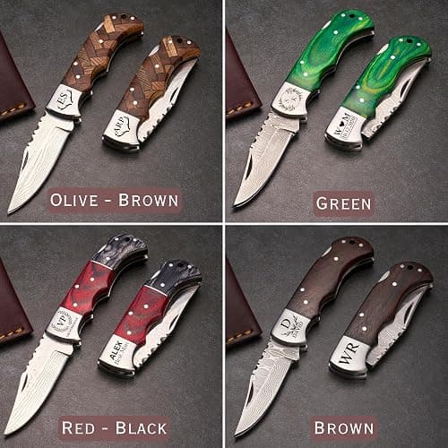 Personalized Folding Knife - Damascus Olive-Brown Pocket Knife, Custom Gift for Husband, Boyfriend, Dad, Son, Groomsmen, Perfect for Birthday, Anniversary, Father’s Day, Christmas Gift thumbnail 5
