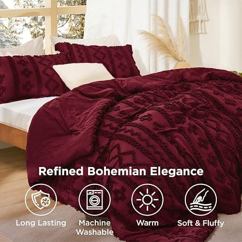 Bedsure Tufted Boho Comforter Set Queen Size - Burgundy Boho Bed Set, GentleSoft™ 3 Pieces Farmhouse Shabby Chic Embroidery Bedding, Gifts for Woman, Soft Jacquard Queen Comforter for All Seasons thumbnail 3