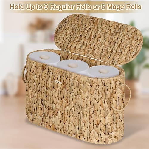 efluky Toilet Paper Storage Basket, Water Hyacinth Slim Toilet Paper Holder with Lid- Holds Up to 9 Mega Rolls, Home Bathroom Decor Organizer thumbnail 4
