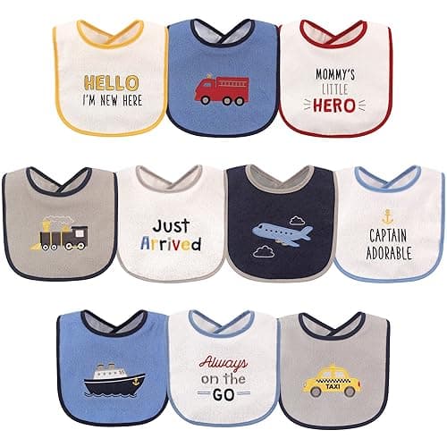 Luvable Friends Baby Cotton Terry Drooler Bibs with PEVA Back, Transportation, One Size