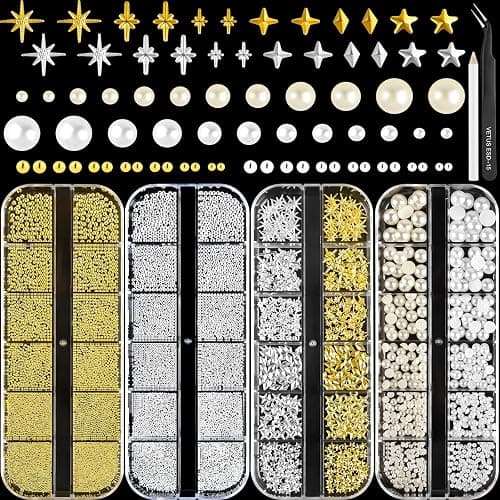 NEBURORA Gold and Silver Caviar Nail Art Beads Pearls Metal Nail Art Set | Flat-Back Pearls (White + Beige) , Multi-Shape Metal Nail Art Gemstone Set, with Tweezers and Pickup Pen, Mixed Sizes 0.6-2mm - Image 1