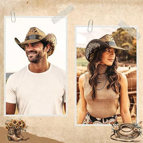 FLUFFY SENSE. Cowboy Hats for Women and Men Straw Western Hat Embroidered Cowboy Hat for Cowboys and Cowgirls thumbnail 6