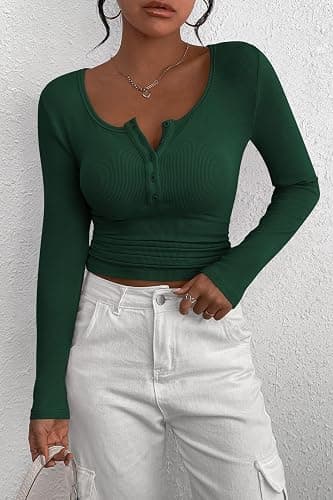 PRETTYGARDEN Women's 2025 Fall Long Sleeve Henley T Shirts Button Ribbed Knit Slim Fit Basic Tops Blouse Casual Outfits thumbnail 7