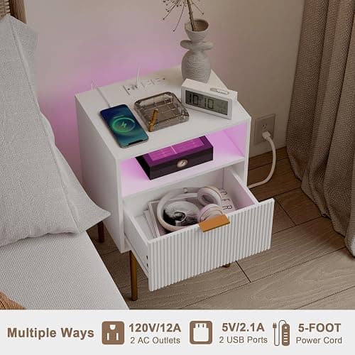 Modern Nightstand with Charging Station and LED Lights, White Bedside Table with Drawer, Fluted Side Table for Living Room, Bedroom thumbnail 6