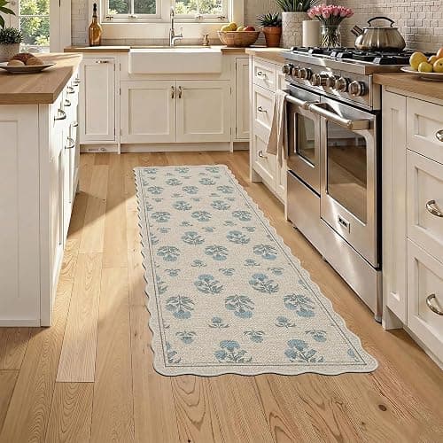 ORTIGIA Scalloped Easy Jute 2x6 Kitchen Runner Rug Vintage Blue Floral Farmhouse Washable Rug Non-Slip Outdoor Carpet for Entryway Indoor Hallway Patio Laundry Room - Image 1