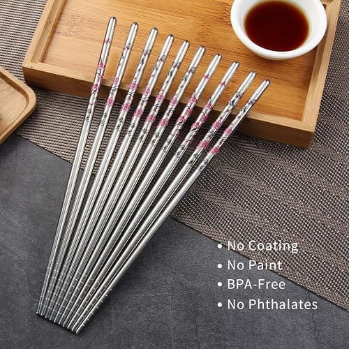 HuaLan Stainless Steel Chopsticks, Metal Chopsticks, Reusable Non-slip Design Chop Sticks, 5 Pairs Gift Set,Plum Pattern Design thumbnail 5