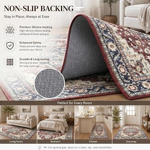 Homaxy Vintage Rugs Living Room Washable Anti Slip Large Rug Low Pile Boho Lounge Carpet for Bedroom, Nursery, Kitchen - 160 x 220 cm, Retro Red/Beige thumbnail 4