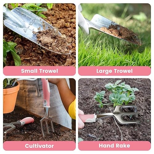 Garden Tools, 8 Piece Gardening Tools with Bag, Heavy Duty Stainless Steel Garden Tools Set, Outdoor Hand Tools, Ideal Garden Tool Kit Gifts for Women Pink. thumbnail 4