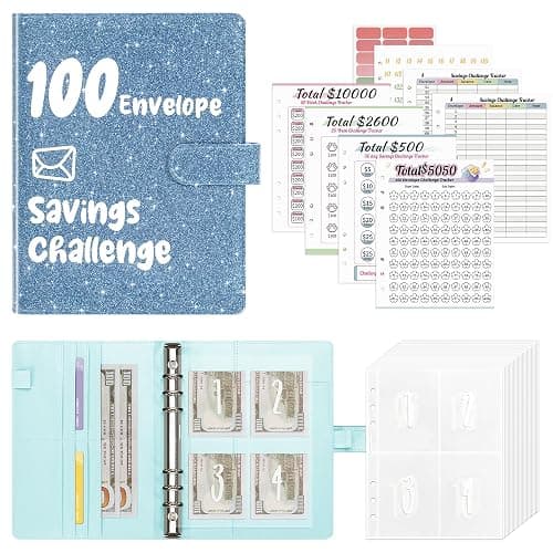 Ospelelf 100 Envelopes Money Saving Challenge Budget Book, 52 Week Budget Binder with Cash Envelopes to Save $10,000, Glitter Teal - Image 1