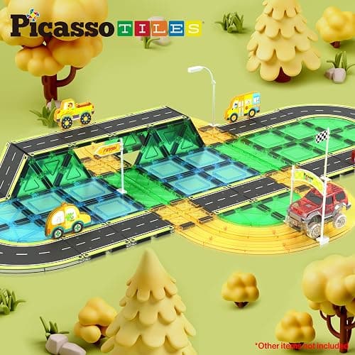 PicassoTiles Magnet Tile Car Track Adventure Theme Printed Street Road Runway Speedway Highway Magnetic Building Tiles Block Construction Pretend Play Playset STEM Education Learning Kit Kids 3+ PTE16 thumbnail 6