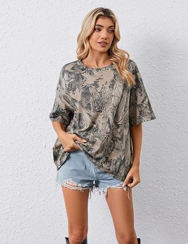 calbatic Camo Print Oversized T Shirts for Women Short Sleeve Graphic Print Crew Neck Baggy Shirts Cute Tunic Tee Tops thumbnail 2