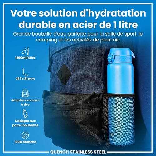 ION8 Gourde Inox Léger 1 Litre, Non Isolé, Anti-Fuite, Facile à Ouvrir, Verrouillage Sécurisé, Lavable au Lave-Vaisselle, Poignée de Transport, Acier Inoxydable, 1200ml, Bleu thumbnail 3