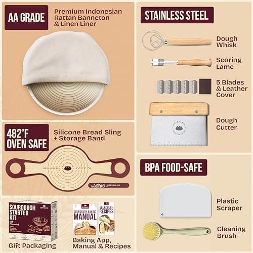Superbaking Banneton Bread Proofing Basket Set with Silicone Dough Sling, 9" Splinter-Free Proofing Basket, Non-Stick Dutch Oven Liner, Sourdough Starter Kit, Sourdough Bread Baking Supplies & Tools thumbnail 2